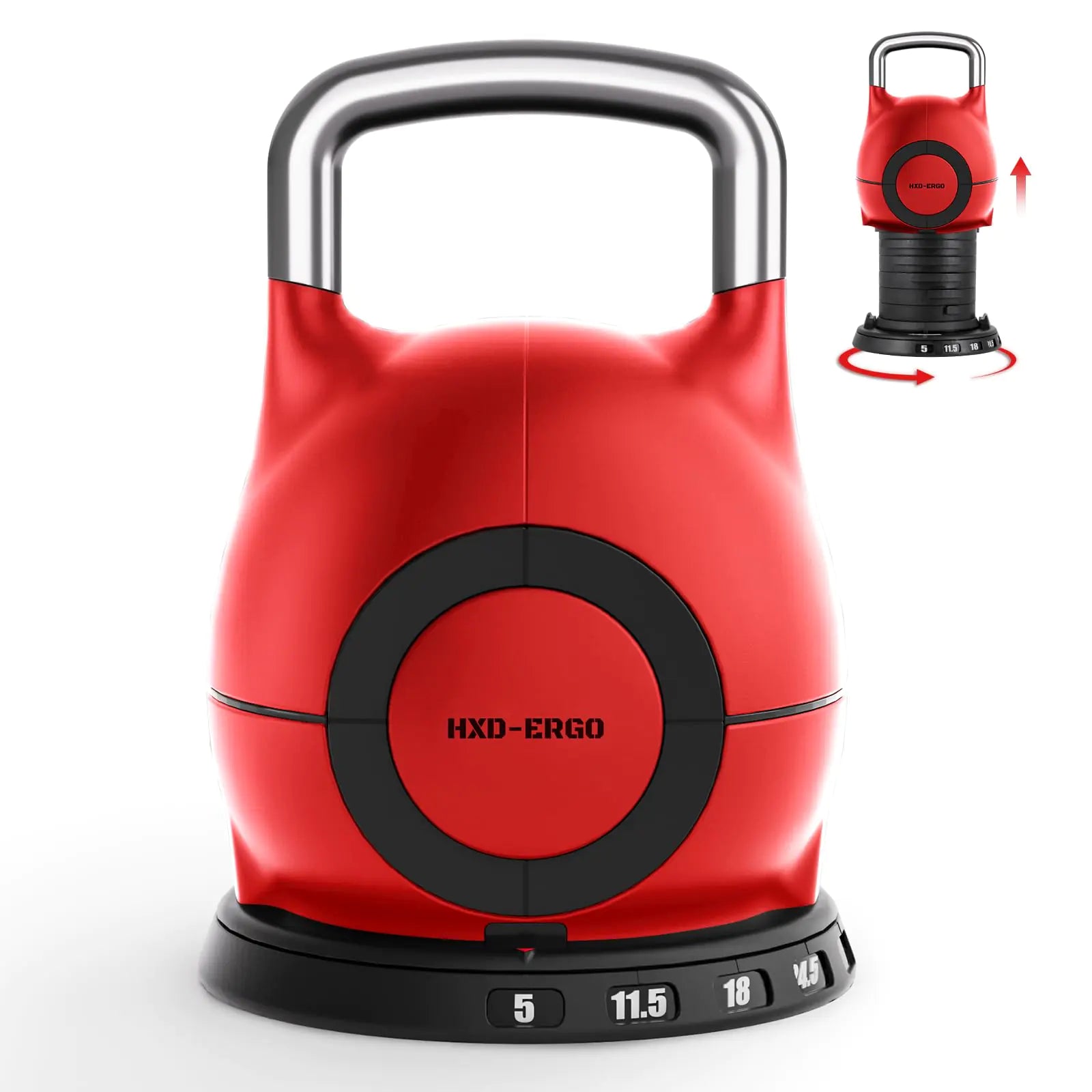 HXD-ERGO Adjustable Kettlebell Weight Set-Quickly Adjusts 7 Weights(5lb-44lb) Ergonomic kettlebell sets for Home Gym (Red)